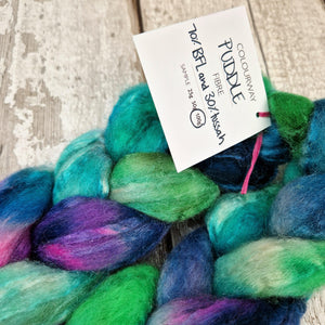 Bluefaced Leicester and tussah silk wool top - Hand dyed - 100g (3.5oz) - PUDDLE