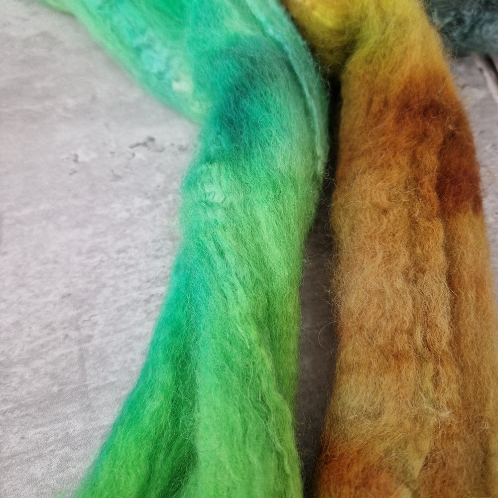 
            
                Load image into Gallery viewer, Bluefaced Leicester and tussah silk wool top - Hand dyed - 100g (3.5oz) - GREEN SCRUB TANAGER
            
        