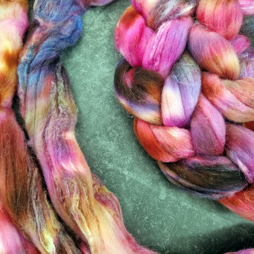 Merino and tussah silk wool top - Hand dyed - 100g (3.5oz) - PHOENIX