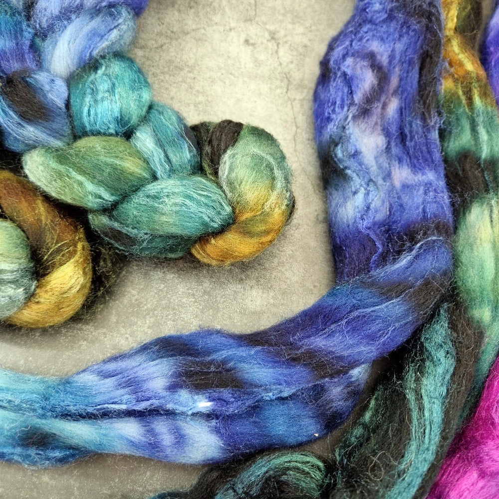 Merino and tussah silk wool top - Hand dyed - 100g (3.5oz) - MIDNIGHT GARDEN
