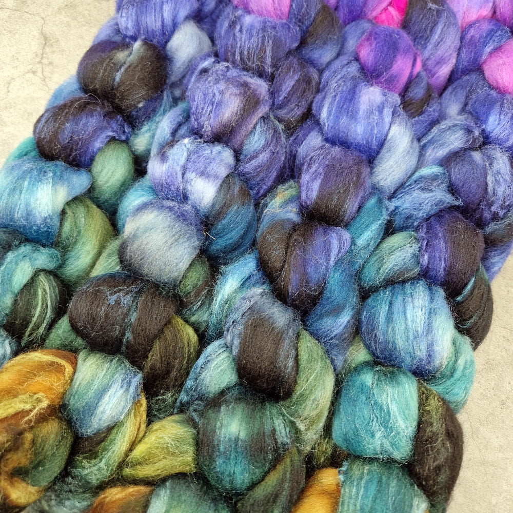 Merino and tussah silk wool top - Hand dyed - 100g (3.5oz) - MIDNIGHT GARDEN
