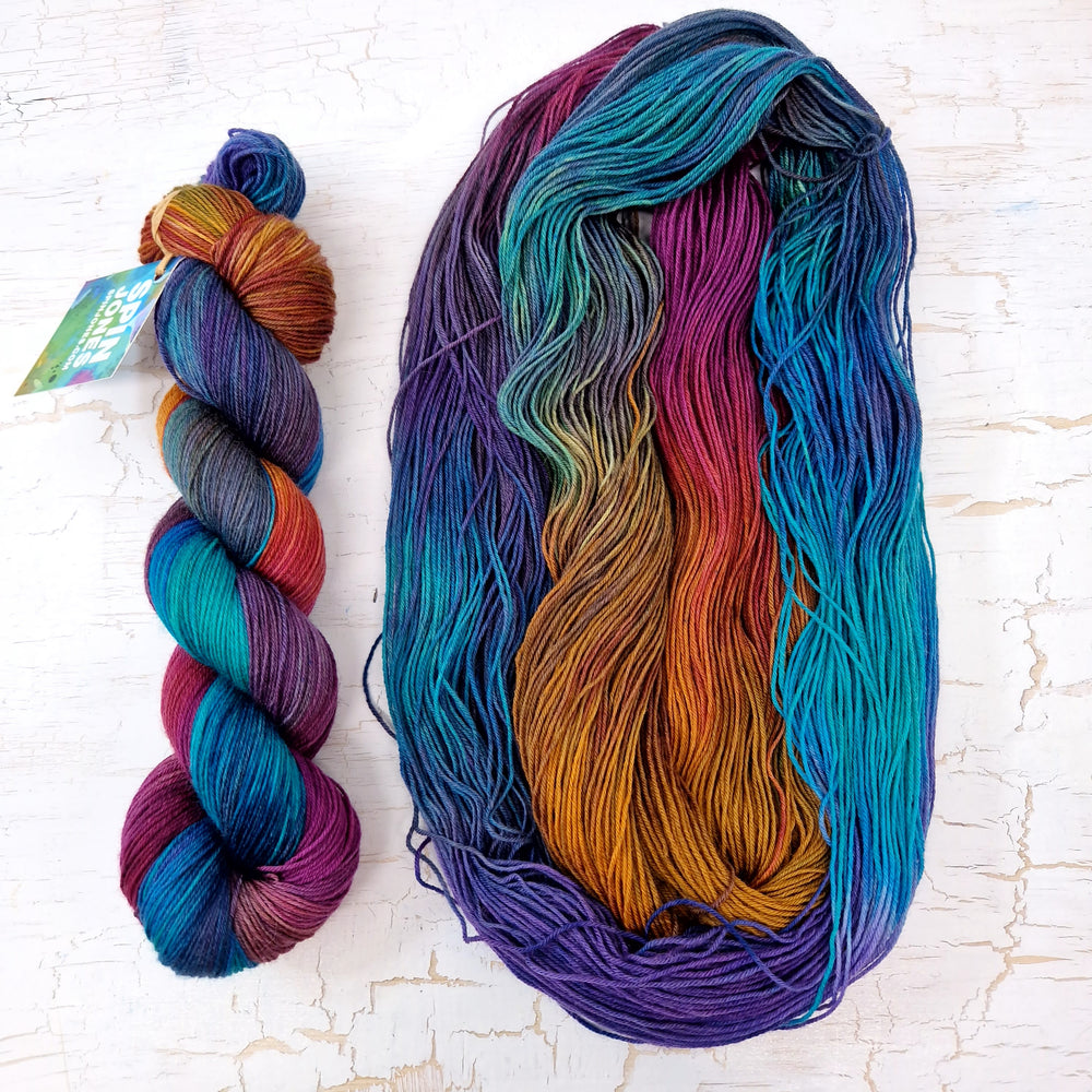 
            
                Load image into Gallery viewer, Hand dyed SW Bluefaced Leicester wool - 4ply fingering 100g 400m CHRYSALISM
            
        