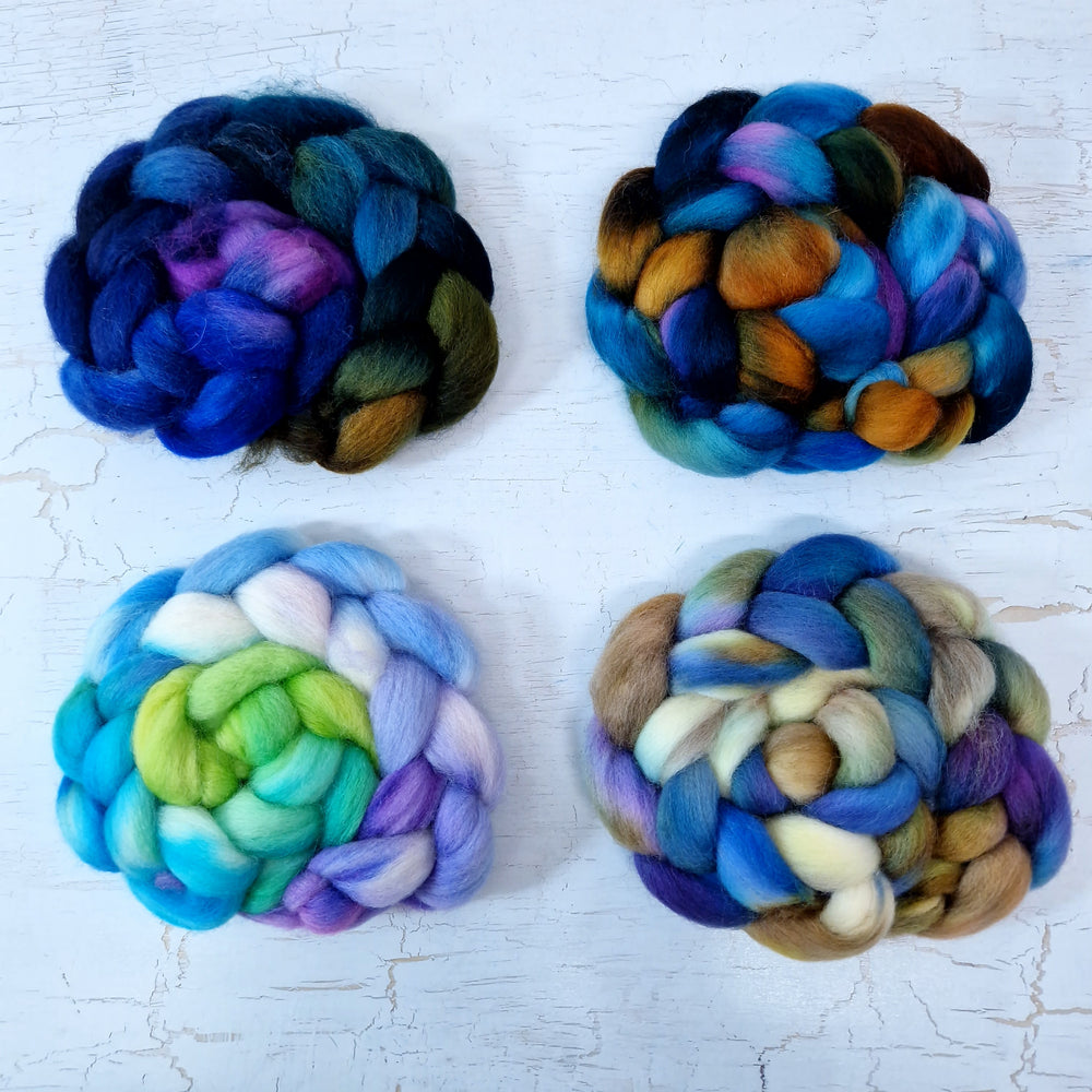 Hand dyed mini braid selection - Punta Arenas wool top - 4 x 25g  (100g 3.5oz) Set #5