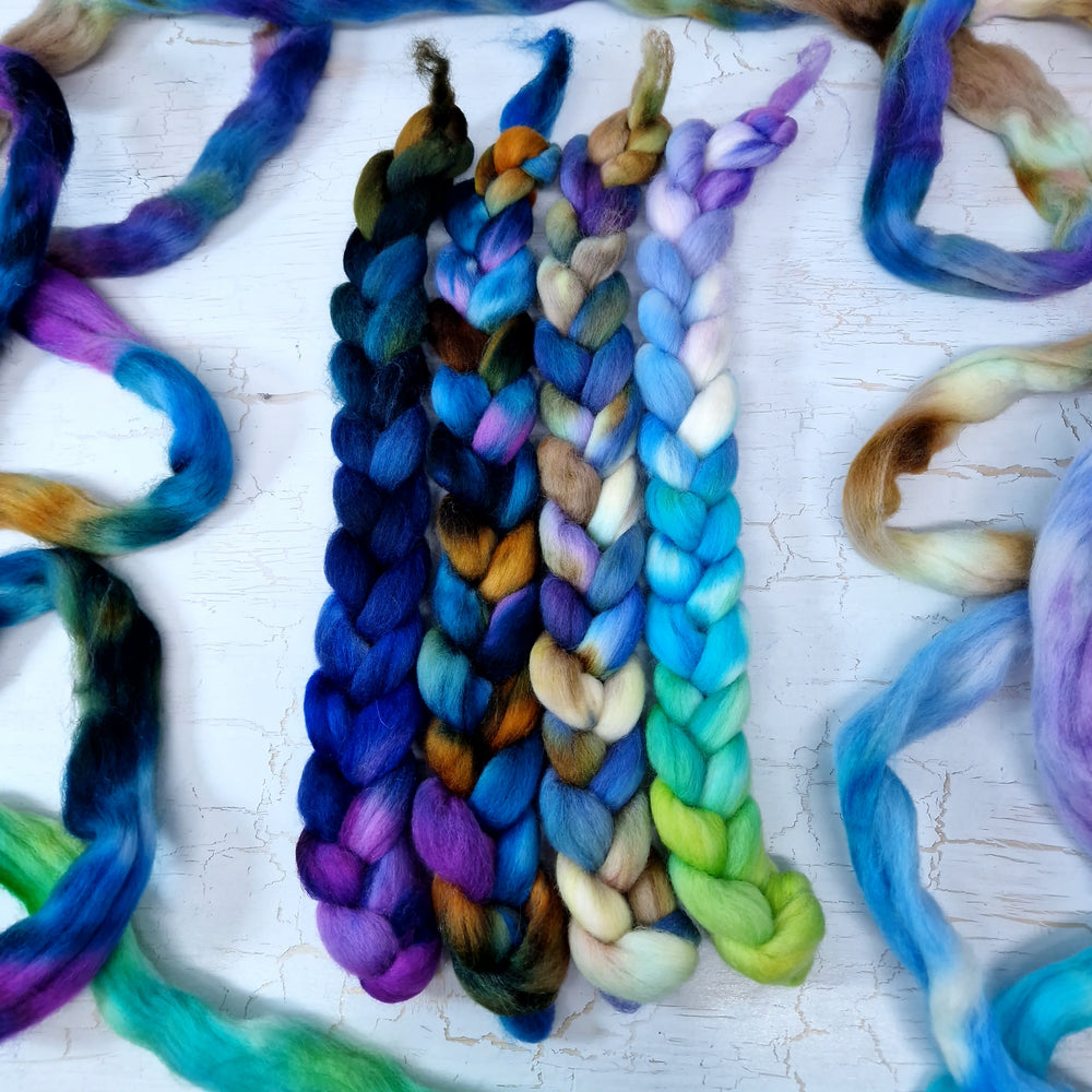 Hand dyed mini braid selection - Punta Arenas wool top - 4 x 25g  (100g 3.5oz) Set #5