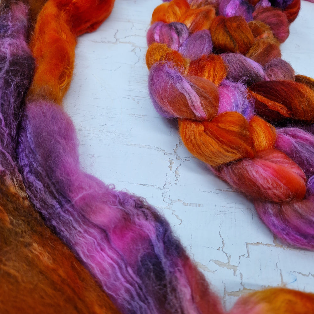 MISHAP (Dragon Kisses) - Bluefaced Leicester & tussah silk wool top combo - Hand dyed spinning wool - 100g (3.5oz)