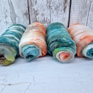 Hand dyed textured batts - 25g (0.88oz) - mint, grey, white, coral