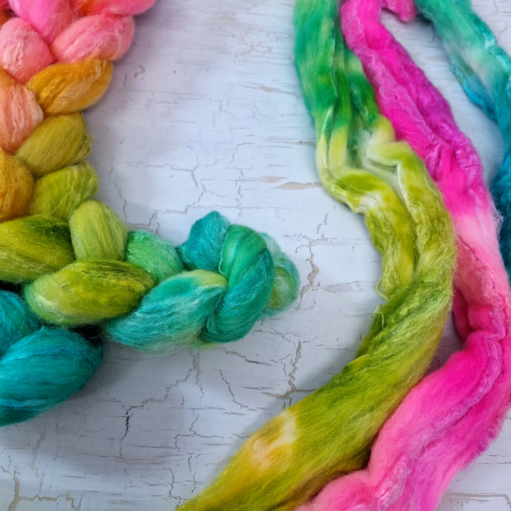 Merino and tussah silk wool top - Hand dyed - 100g (3.5oz) - Leftovers Gradient PINK YELLOW GREEN