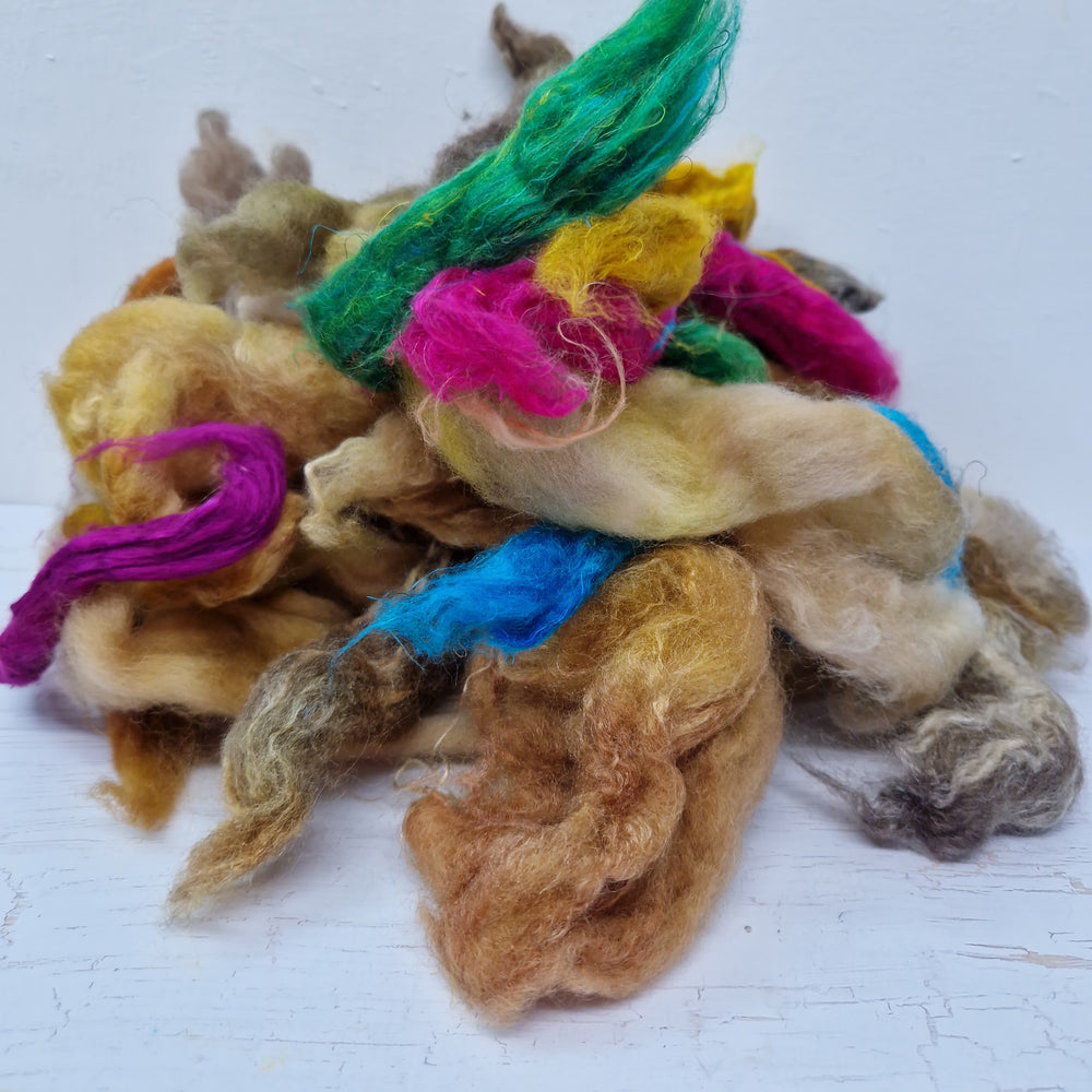 Brown Batt Food - hand dyed fibre scraps for carding, felting, and spinning. 130g (4.5oz)
