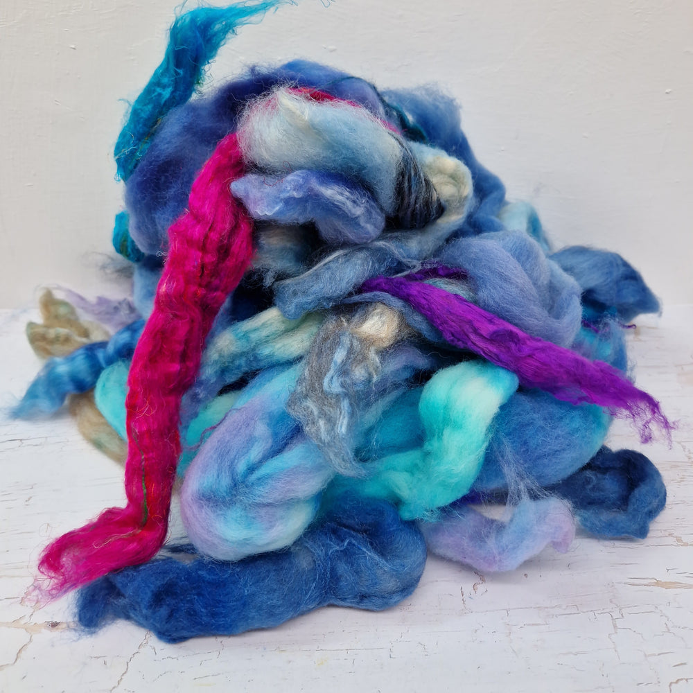 Blue Aqua Batt Food - hand dyed fibre scraps for carding, felting, and spinning. 130g (4.5oz)