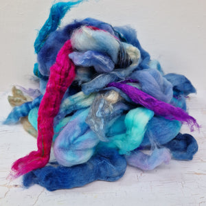 Blue Aqua Batt Food - hand dyed fibre scraps for carding, felting, and spinning. 130g (4.5oz)
