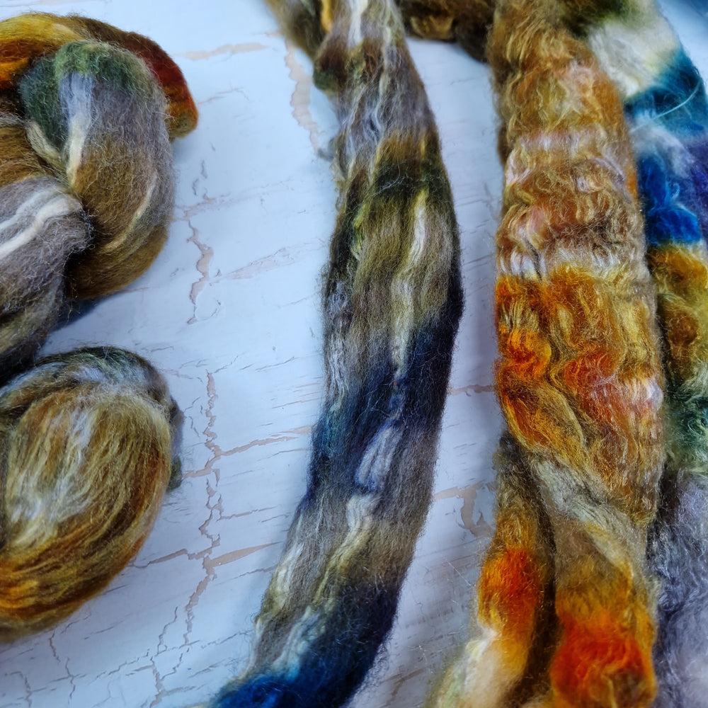 TARNISH - Bluefaced Leicester & tussah silk wool top combo - Hand dyed spinning wool - 100g (3.5oz)