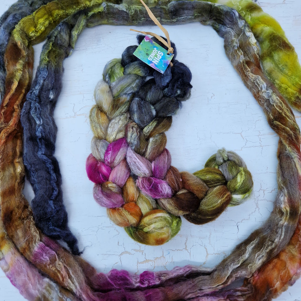 SEPTEMBER - Bluefaced Leicester & tussah silk wool top combo - Hand dyed spinning wool - 100g (3.5oz)