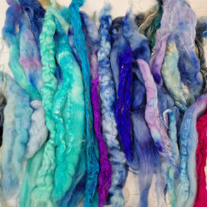 Blue Aqua Batt Food - hand dyed fibre scraps for carding, felting, and spinning. 130g (4.5oz)