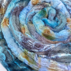 BREEZIN' (LEFTOVERS) - Bluefaced Leicester & tussah silk wool top combo - white and brown - Hand dyed braids - 100g (3.5oz)