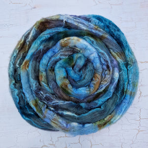 BREEZIN' (LEFTOVERS) - Bluefaced Leicester & tussah silk wool top combo - white and brown - Hand dyed braids - 100g (3.5oz)