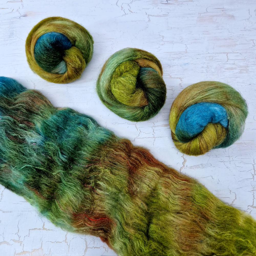 Bluefaced Leicester SPARKLY Hand dyed batts - 25g (0.88oz) - Forest green, teal, rust, and olive.