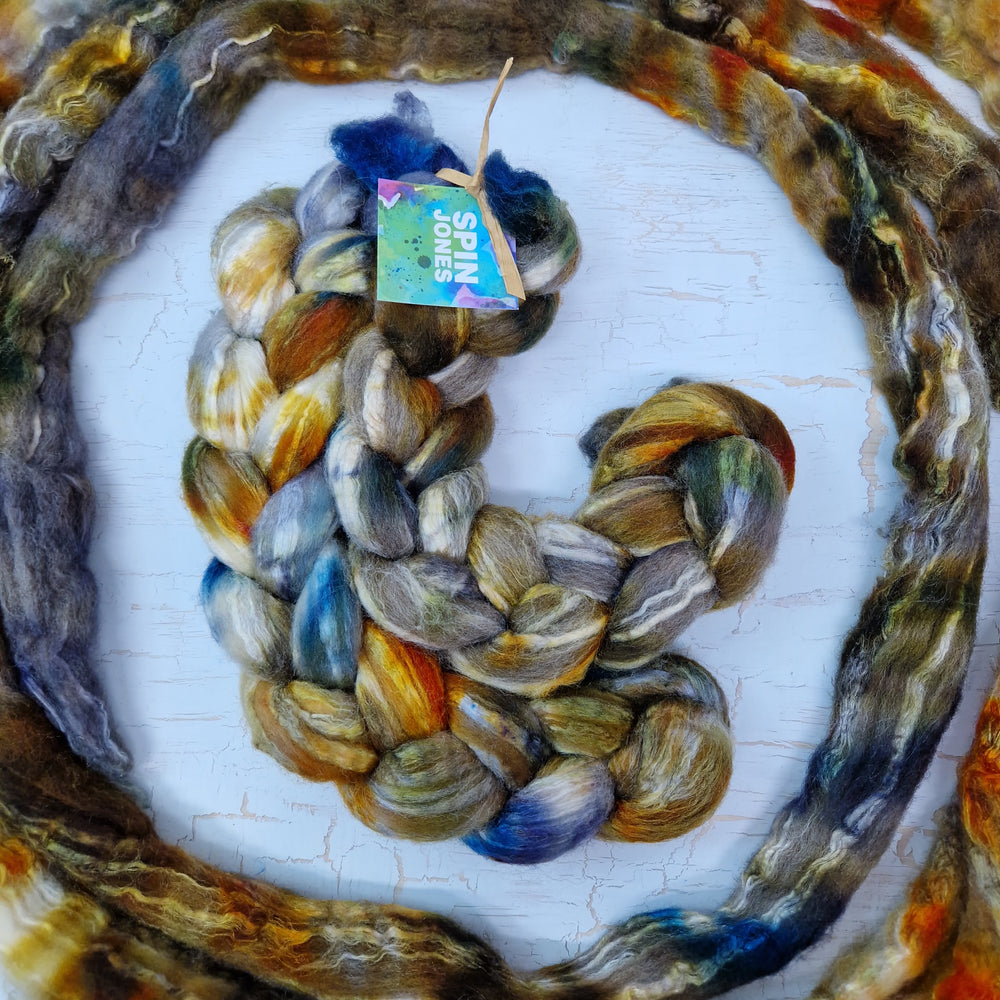 TARNISH - Bluefaced Leicester & tussah silk wool top combo - Hand dyed spinning wool - 100g (3.5oz)