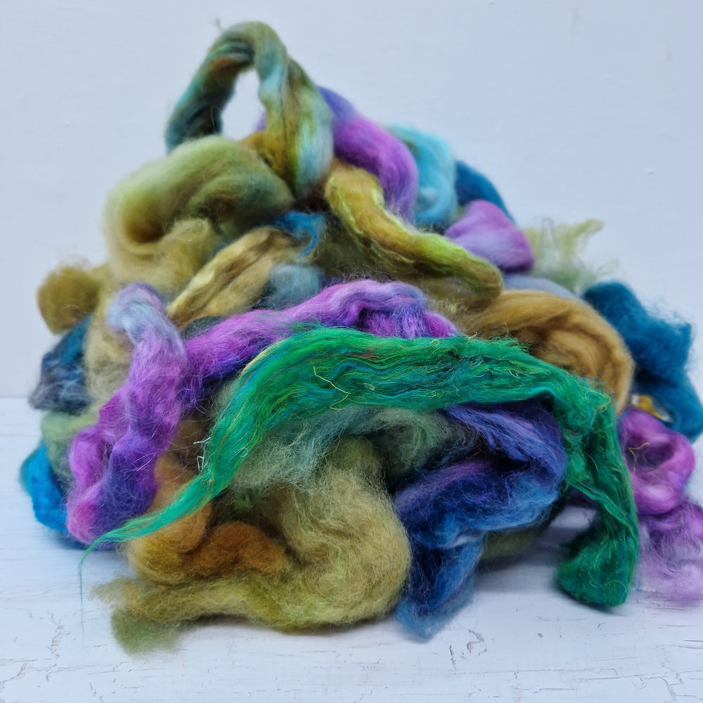 Green Blue Purple Batt Food - hand dyed fibre scraps for carding, felting, and spinning. 130g (4.5oz)