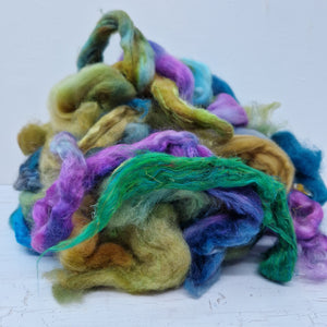 Green Blue Purple Batt Food - hand dyed fibre scraps for carding, felting, and spinning. 130g (4.5oz)