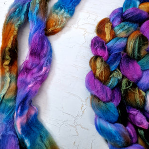 Shetland wool & tussah silk top - Hand dyed braids - 100g (3.5oz) - BLUEBERRIES