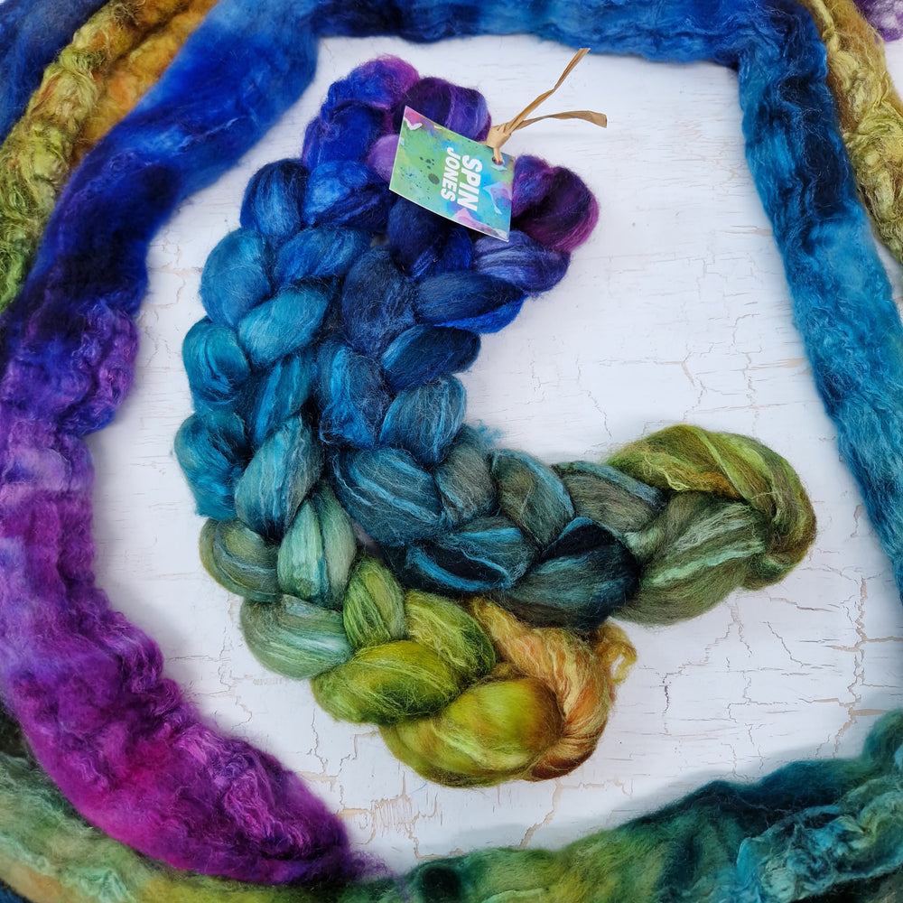 MIDNIGHT GARDEN Bluefaced Leicester & tussah silk wool top combo - white and brown - Hand dyed braids - 100g (3.5oz)