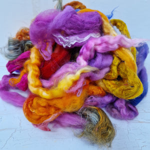 Purple Orange Batt Food - hand dyed fibre scraps for carding, felting, and spinning. 130g (4.5oz)
