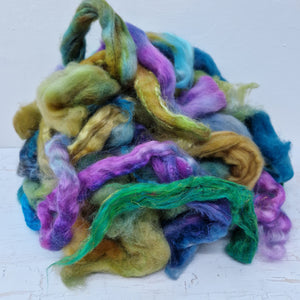 Green Blue Purple Batt Food - hand dyed fibre scraps for carding, felting, and spinning. 130g (4.5oz)