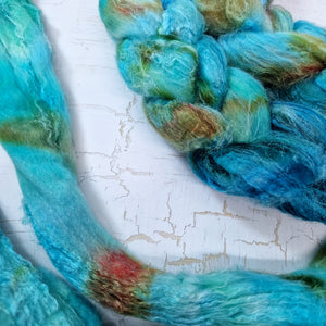 Merino and tussah silk wool top - Hand dyed - 100g (3.5oz) - Leftovers TURQUOISE BLUE
