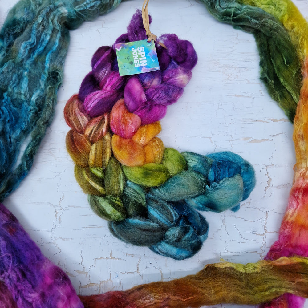 SPELLBOUND Bluefaced Leicester & tussah silk wool top combo - white and brown - Hand dyed braids - 100g (3.5oz)