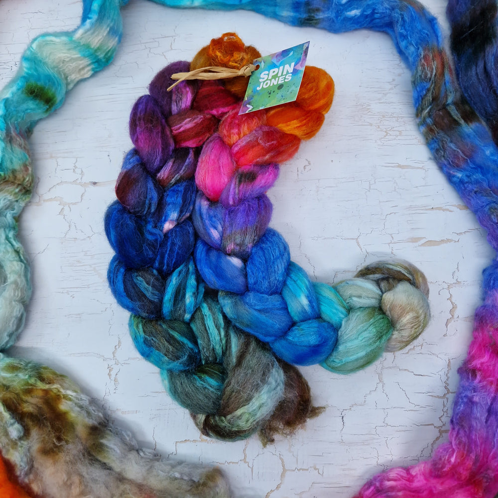 MYSTICAL Bluefaced Leicester & tussah silk wool top combo - white and brown - Hand dyed braids - 100g (3.5oz)