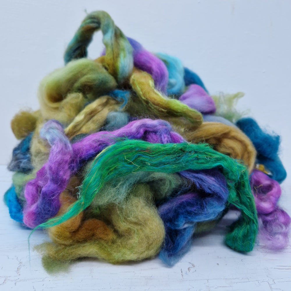Green Blue Purple Batt Food - hand dyed fibre scraps for carding, felting, and spinning. 130g (4.5oz)