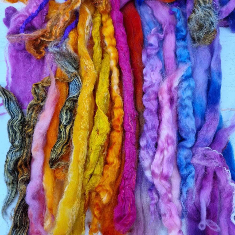Purple Orange Batt Food - hand dyed fibre scraps for carding, felting, and spinning. 130g (4.5oz)