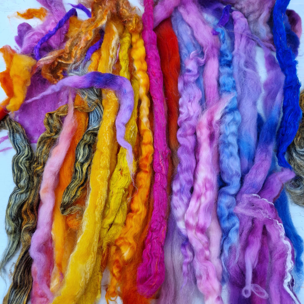 Purple Orange Batt Food - hand dyed fibre scraps for carding, felting, and spinning. 130g (4.5oz)