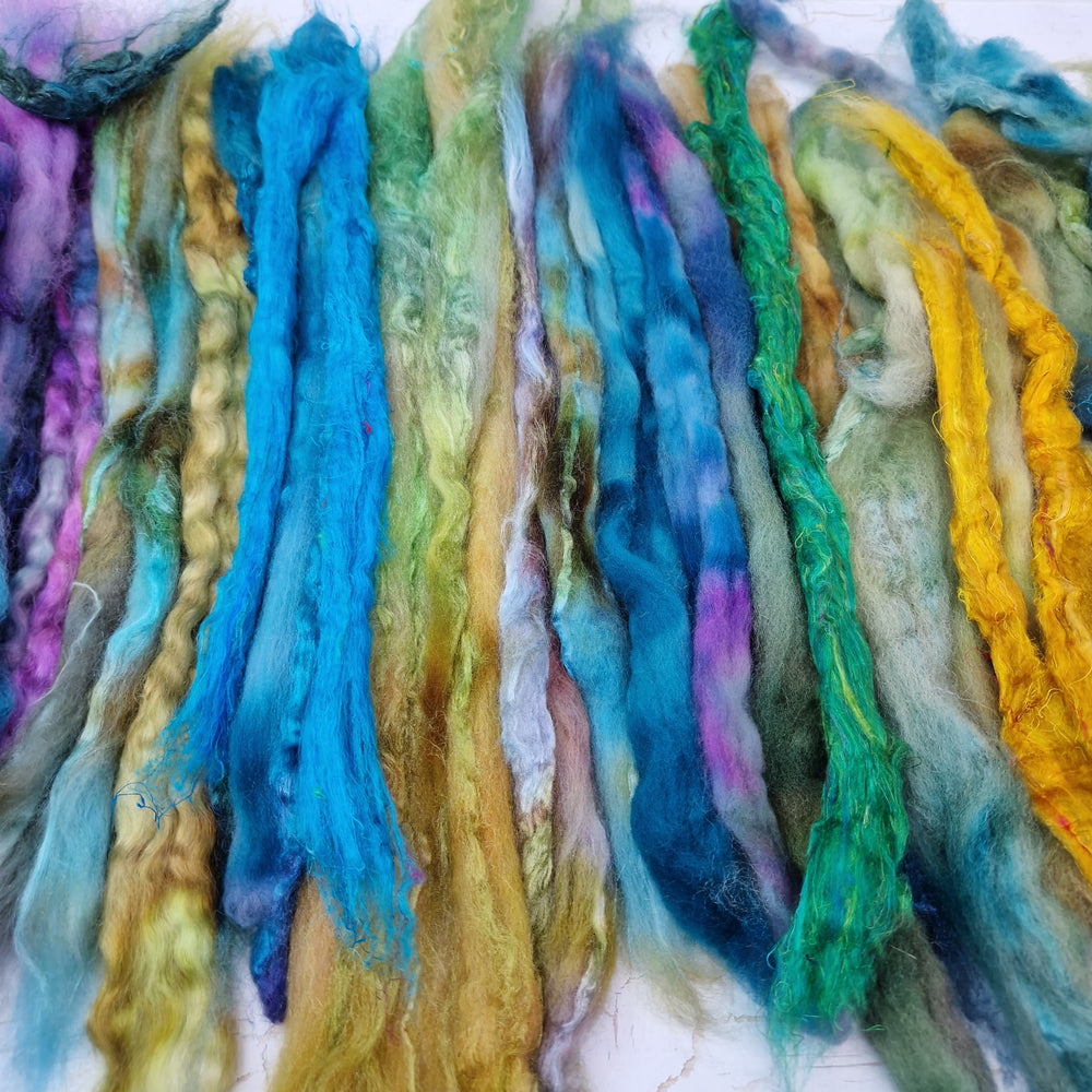 Green Blue Purple Batt Food - hand dyed fibre scraps for carding, felting, and spinning. 130g (4.5oz)