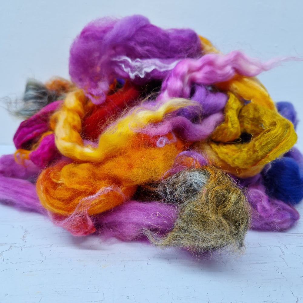 Purple Orange Batt Food - hand dyed fibre scraps for carding, felting, and spinning. 130g (4.5oz)