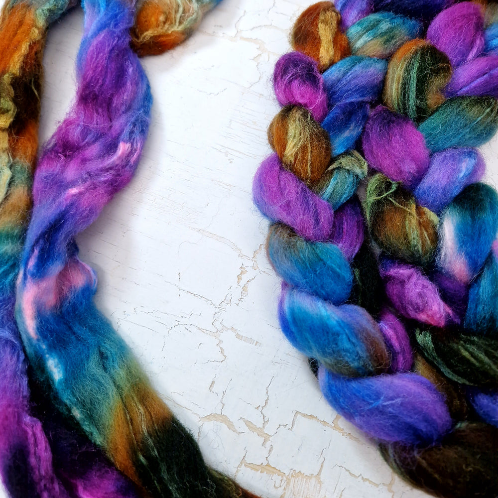 Shetland wool & tussah silk top - Hand dyed braids - 100g (3.5oz) - BLUEBERRIES