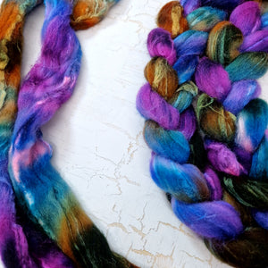 Shetland wool & tussah silk top - Hand dyed braids - 100g (3.5oz) - BLUEBERRIES