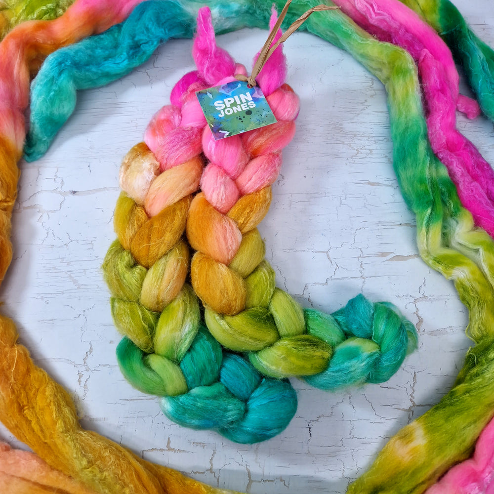 Merino and tussah silk wool top - Hand dyed - 100g (3.5oz) - Leftovers Gradient PINK YELLOW GREEN