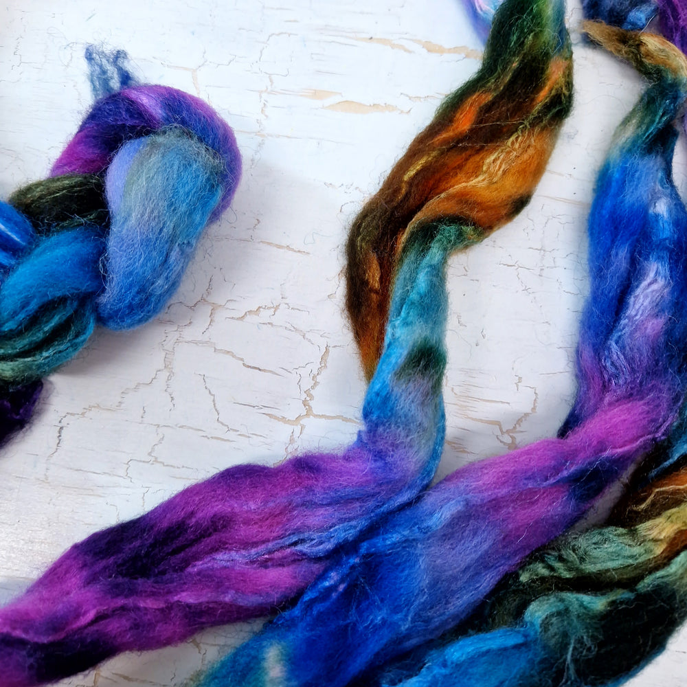 Shetland wool & tussah silk top - Hand dyed braids - 100g (3.5oz) - BLUEBERRIES