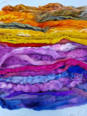 Purple Orange Batt Food - hand dyed fibre scraps for carding, felting, and spinning. 130g (4.5oz)