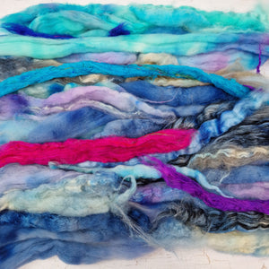 Blue Aqua Batt Food - hand dyed fibre scraps for carding, felting, and spinning. 130g (4.5oz)