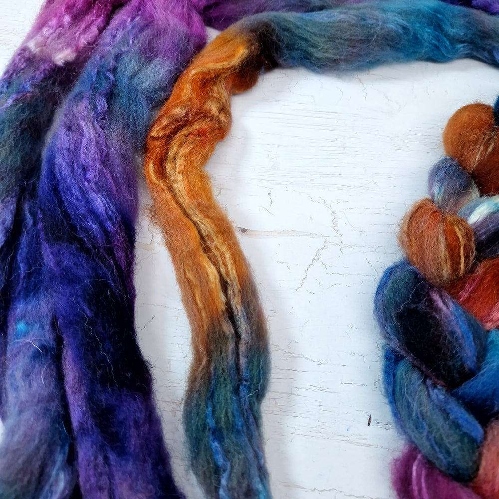 Shetland wool & tussah silk top - Hand dyed braids - 100g (3.5oz) - CHRYSALISM
