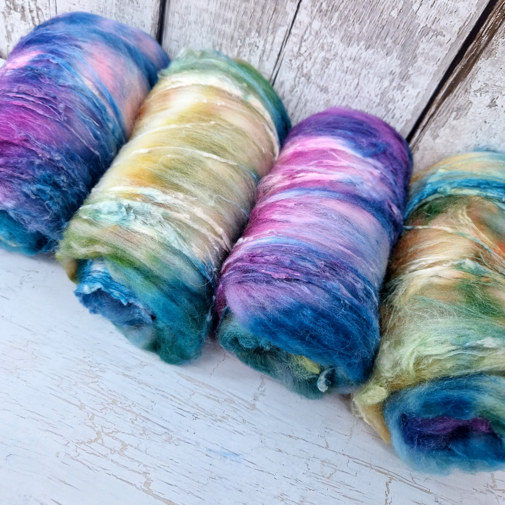 Hand dyed textured batts - 25g (0.88oz) - plum, blue, teal, white, gold