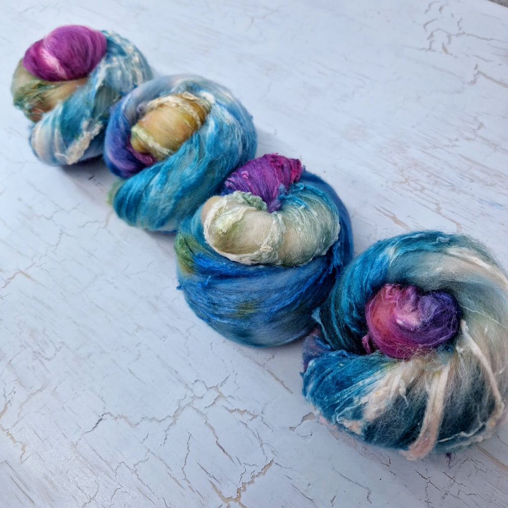 Hand dyed textured batts - 25g (0.88oz) - plum, blue, teal, white, gold
