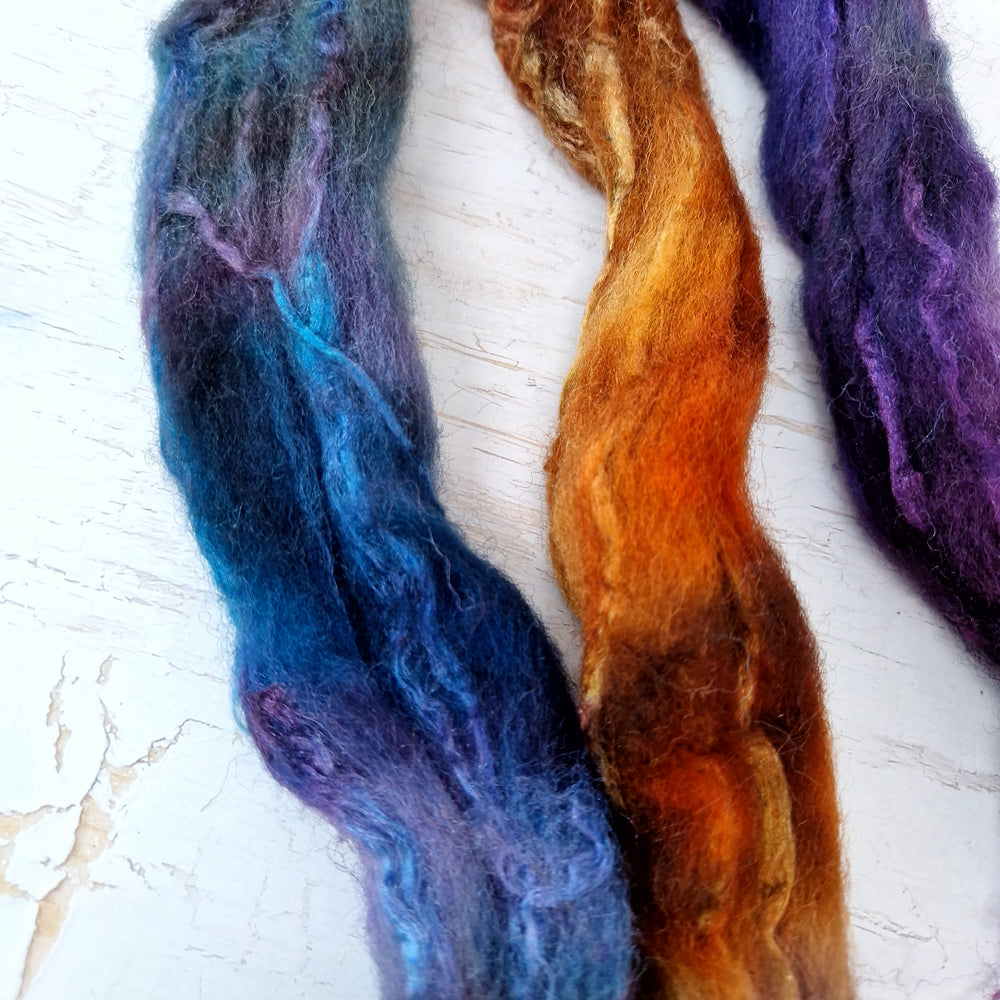 Shetland wool & tussah silk top - Hand dyed braids - 100g (3.5oz) - CHRYSALISM