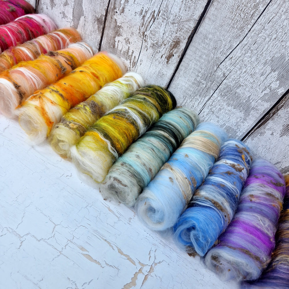 Merino wool, Cormo wool, and silk Art Batt Selection - 12 x 25g (12 x 0.88oz) - 300g 10.5oz - FAIRY RAINBOW