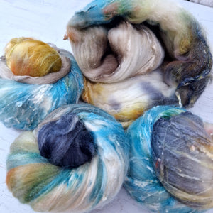 Hand dyed textured batts -  25g (0.88oz) - (white teal brown gold)