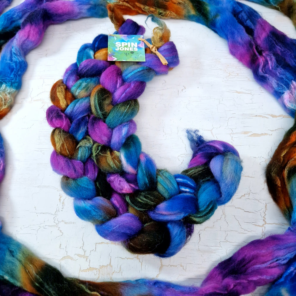 Shetland wool & tussah silk top - Hand dyed braids - 100g (3.5oz) - BLUEBERRIES