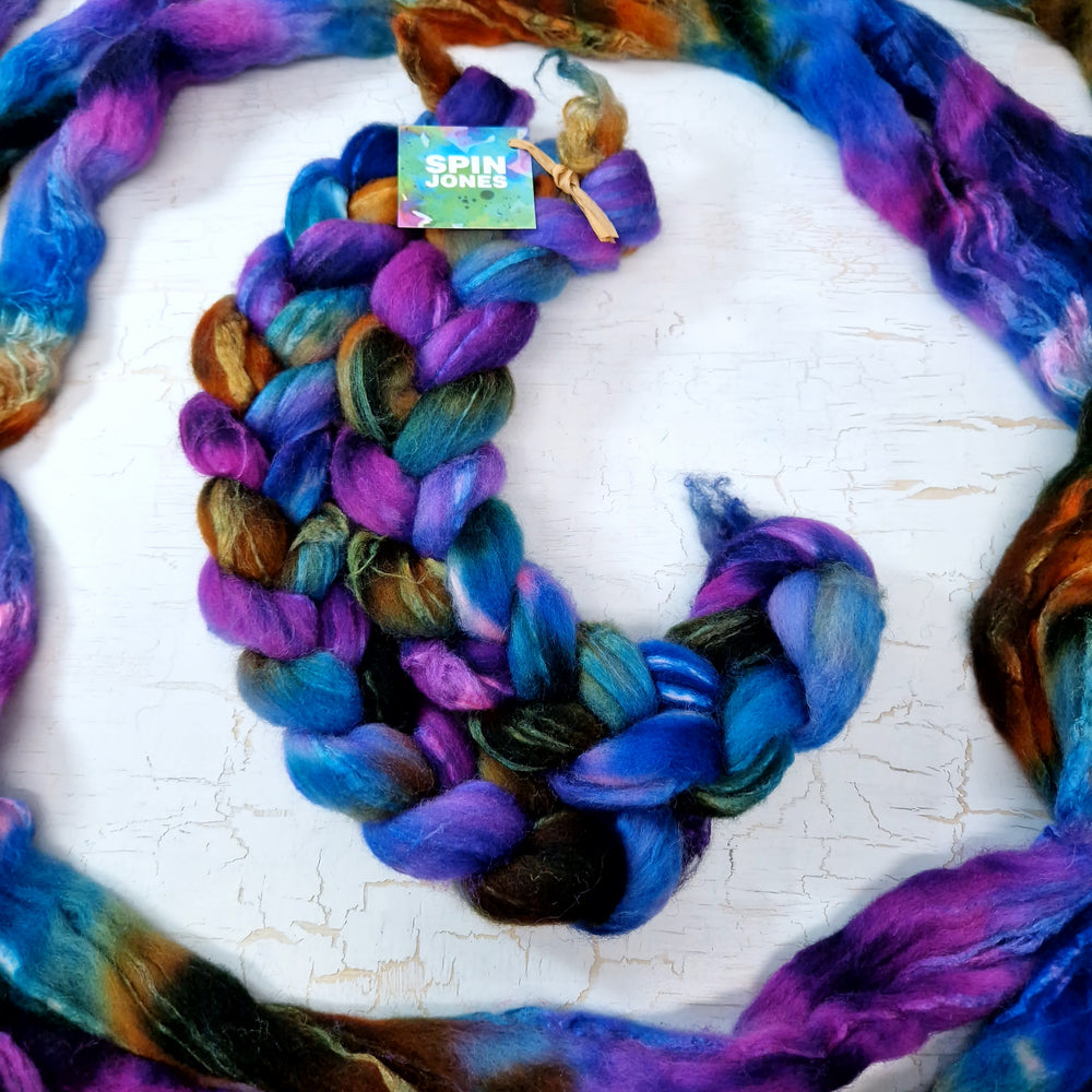 Shetland wool & tussah silk top - Hand dyed braids - 100g (3.5oz) - BLUEBERRIES