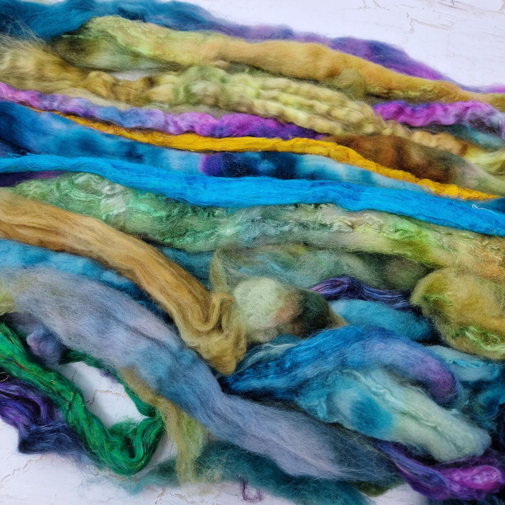 Green Blue Purple Batt Food - hand dyed fibre scraps for carding, felting, and spinning. 130g (4.5oz)